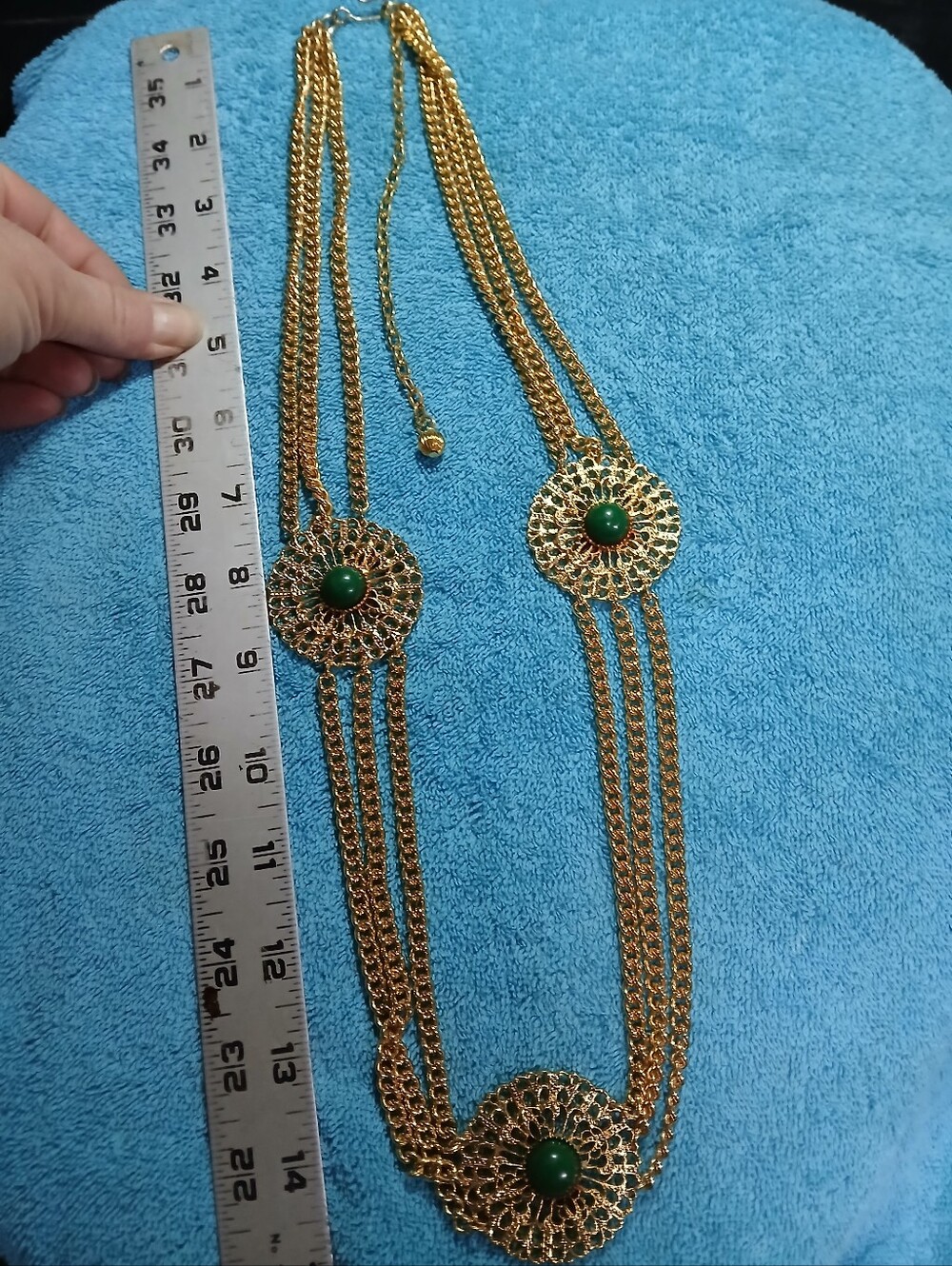 Gold-Tone Multi-Chain Necklace with Green Cabochons - Statement Necklace